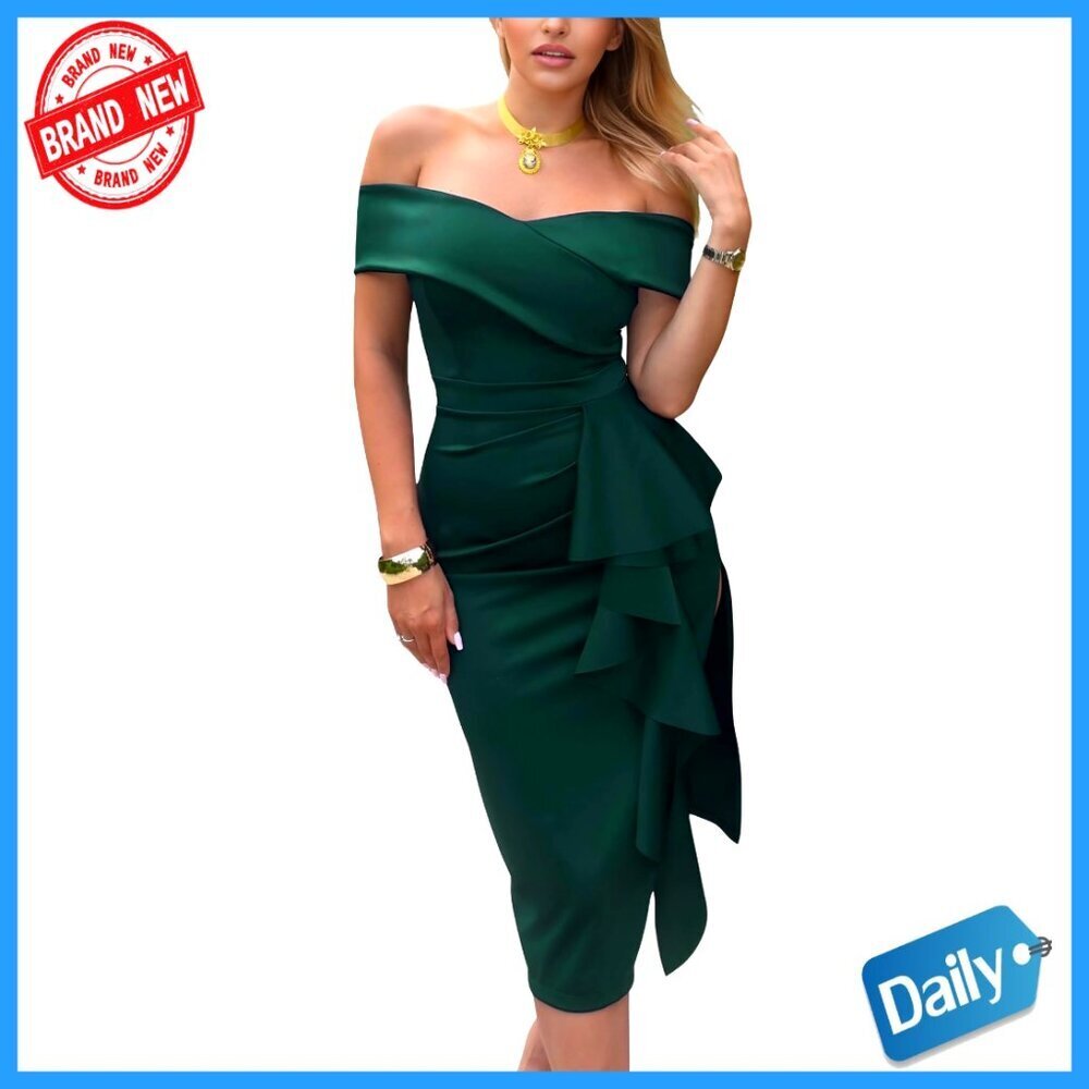 Off Shoulder Formal Evening Midi Dress Built-in Bra Bodycon Ruched Slit Elegant